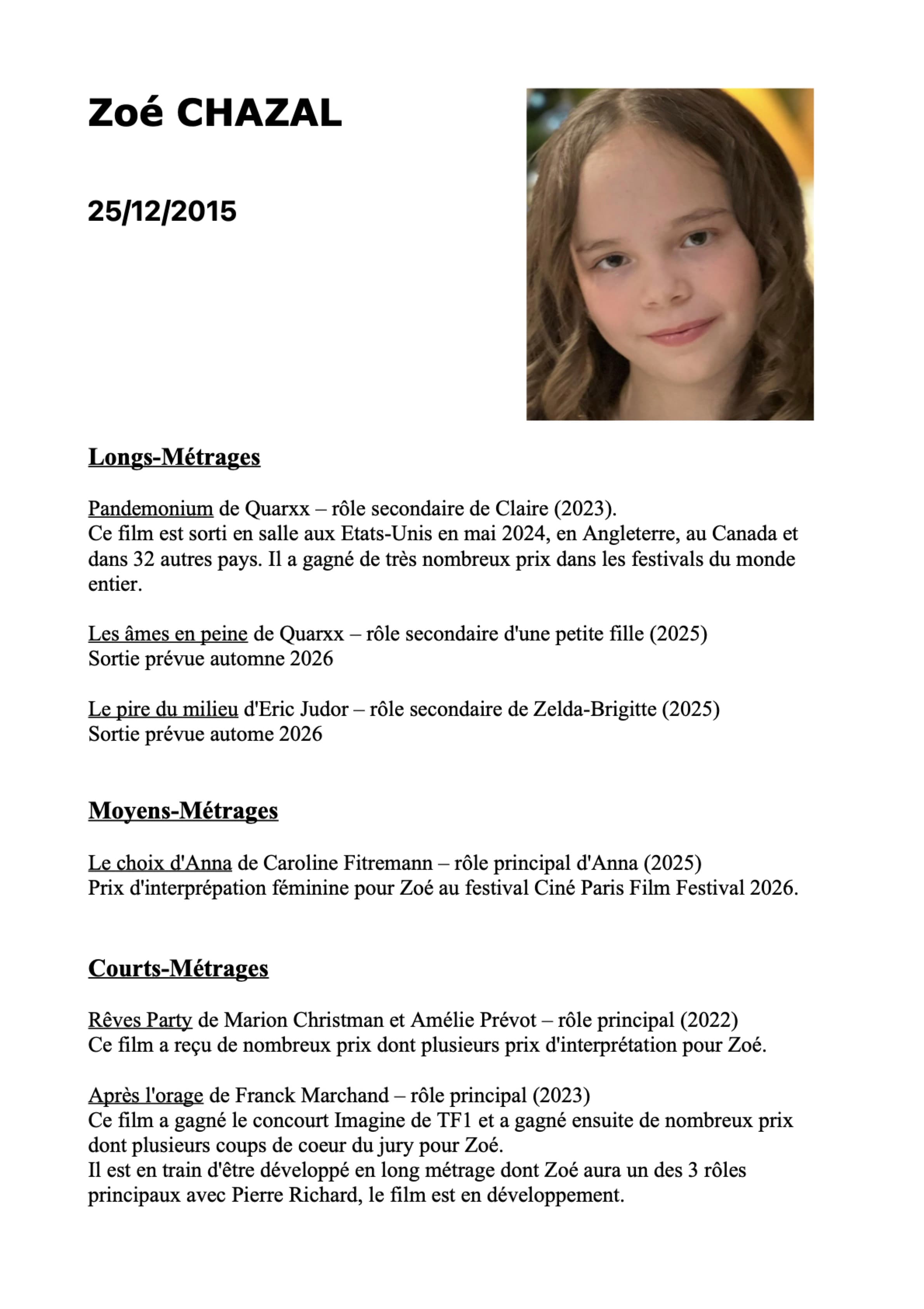 CV artistique de Zoé Chazal — page 1